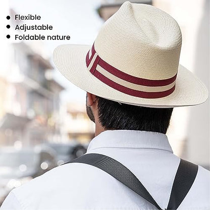 El-Guayacano Sun Protection Panama Hats for Men - Authentic Handwoven Montecristi 100% Toquilla Straw and White breathable/Lightweight Women Beach Fedora with Wide Brim Summer Hat (Blue & Red)